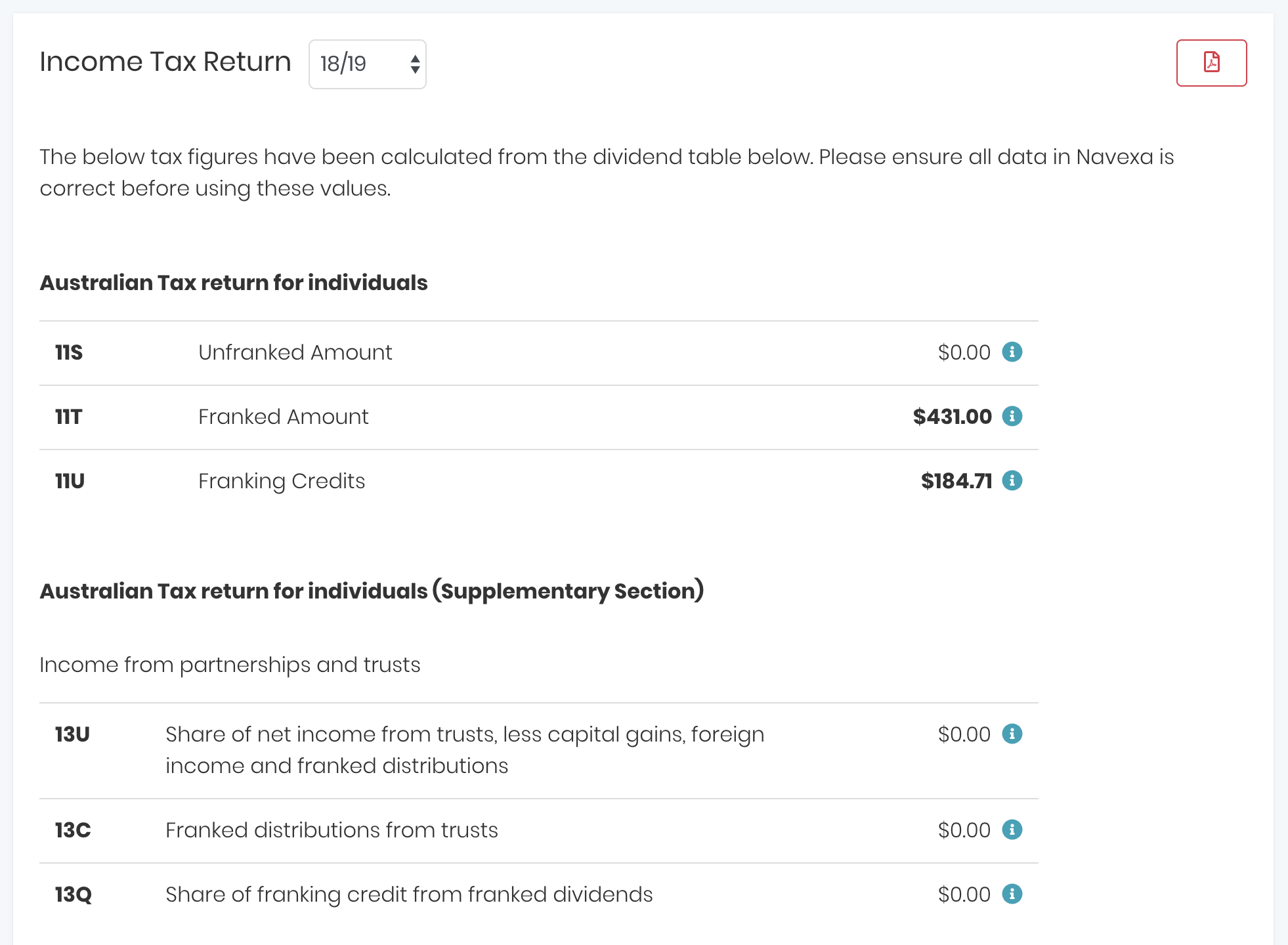 Investment income tax return in Navexa.