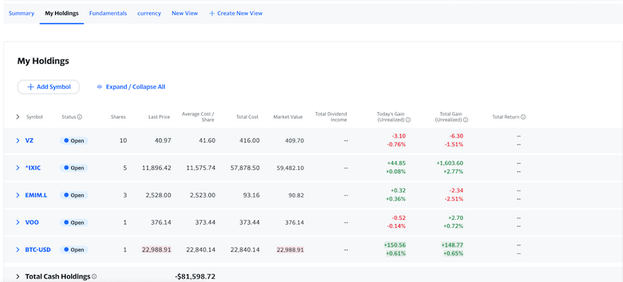 My Holdings report on Yahoo Finance 