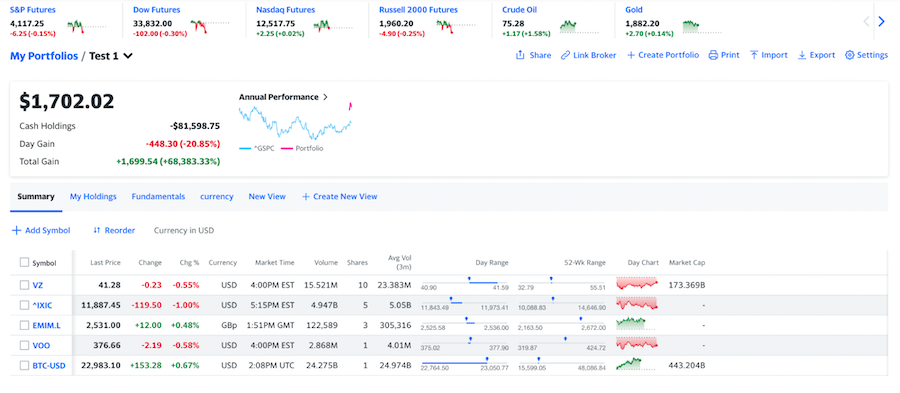 Yahoo Finance sample account dashboard